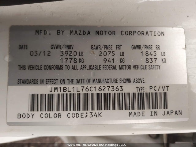 Aukcja sprzedaży 2012 Mazda Mazda3 Gs-sky, vin: JM1BL1L76C1627363, numer aukcji: 12617706