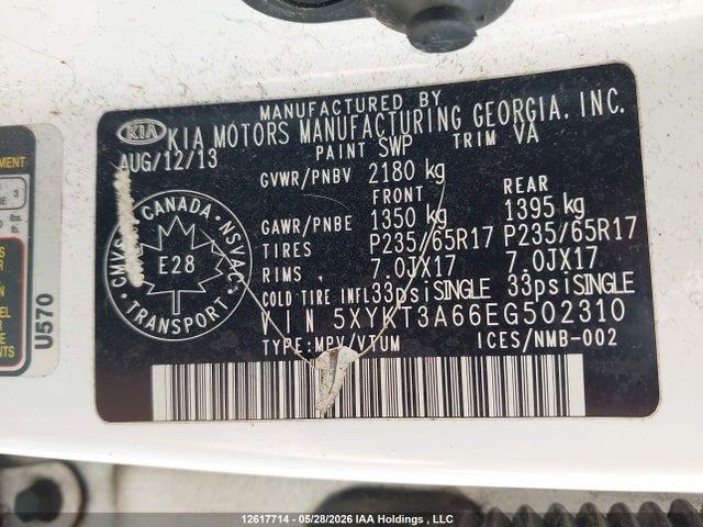 2014 Kia Sorento Lx/se მანქანა იყიდება აუქციონზე, vin: 5XYKT3A66EG502310, აუქციონის ნომერი: 12617714