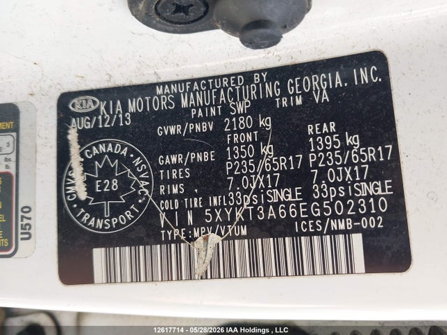 2014 Kia Sorento Lx/se მანქანა იყიდება აუქციონზე, vin: 5XYKT3A66EG502310, აუქციონის ნომერი: 12617714