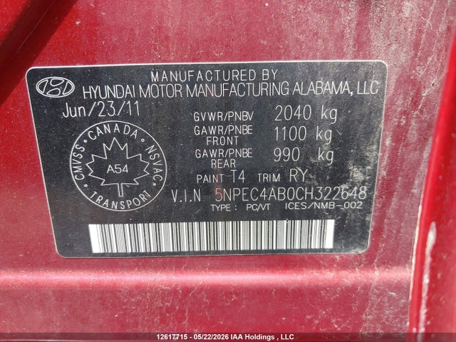 12617715 :رقم المزاد ، 5NPEC4AB0CH322648 vin ، 2012 Hyundai Sonata Se/limited مزاد بيع