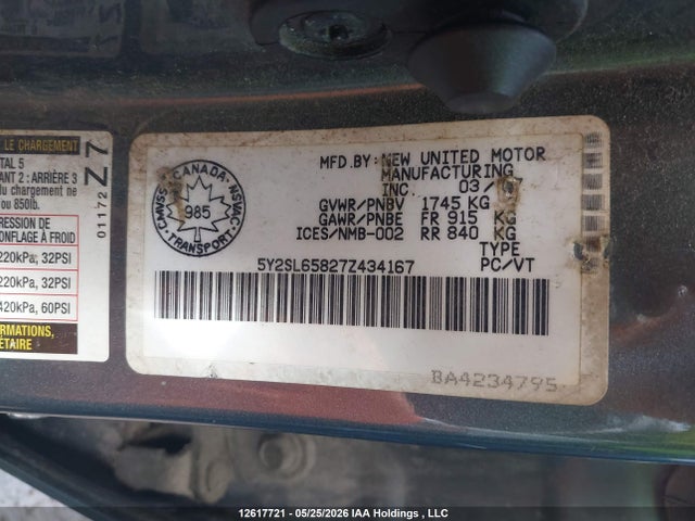 2007 Pontiac Vibe მანქანა იყიდება აუქციონზე, vin: 5Y2SL65827Z434167, აუქციონის ნომერი: 12617721