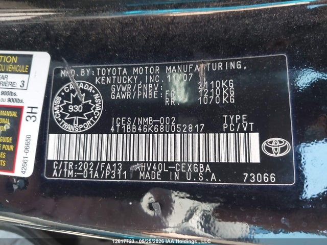 2008 Toyota Camry Hybrid მანქანა იყიდება აუქციონზე, vin: 4T1BB46K68U052817, აუქციონის ნომერი: 12617723