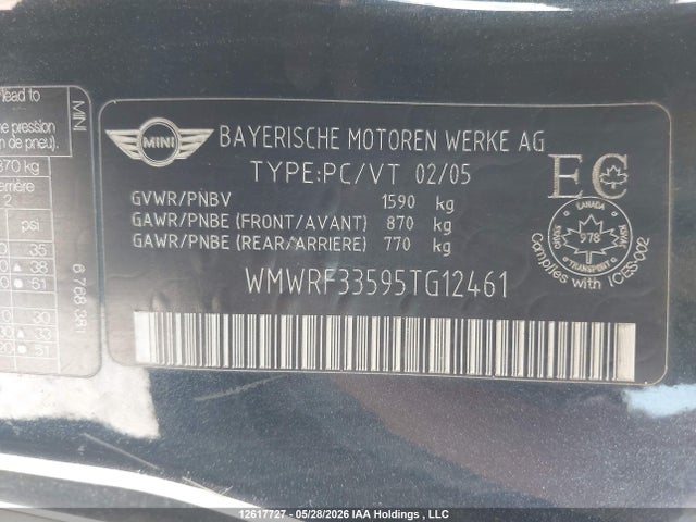 Aukcja sprzedaży 2005 Mini Cooper, vin: WMWRF33595TG12461, numer aukcji: 12617727