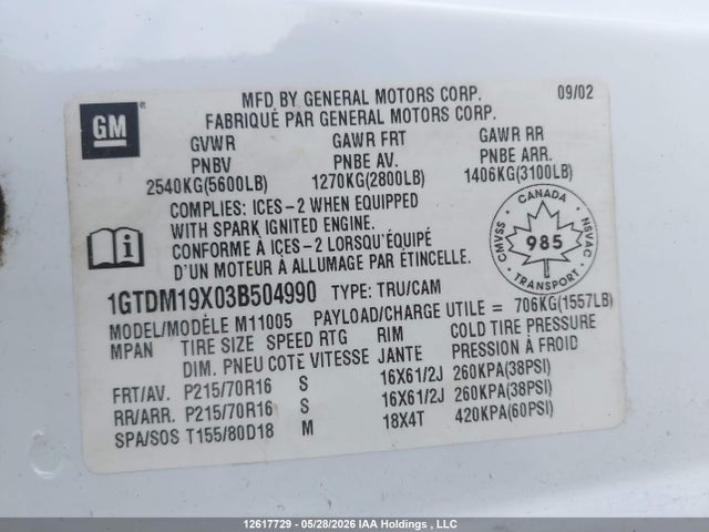 Aukcja sprzedaży 2003 Gmc Safari Xt, vin: 1GTDM19X03B504990, numer aukcji: 12617729