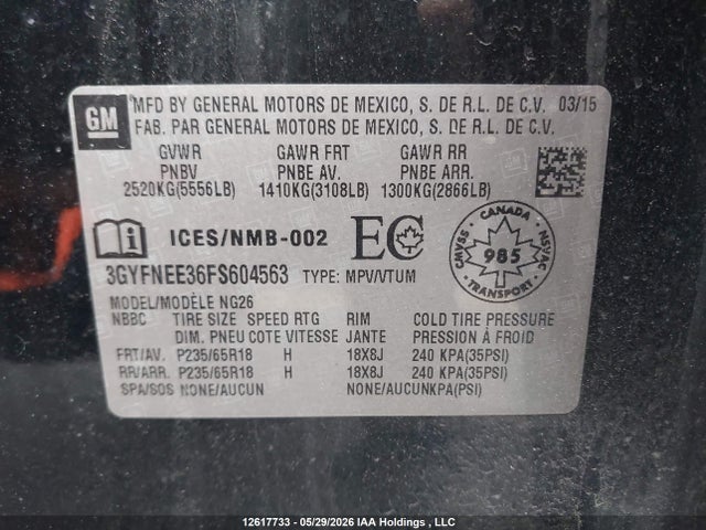12617733 :رقم المزاد ، 3GYFNEE36FS604563 vin ، 2015 Cadillac Srx Luxury Collection مزاد بيع
