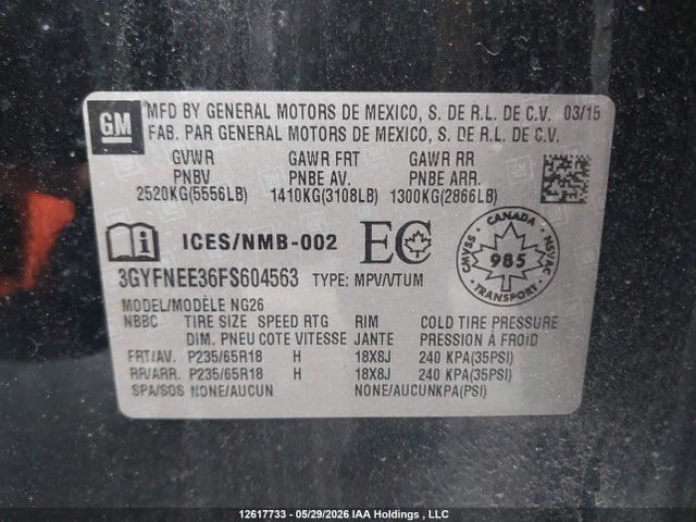 12617733 :رقم المزاد ، 3GYFNEE36FS604563 vin ، 2015 Cadillac Srx Luxury Collection مزاد بيع