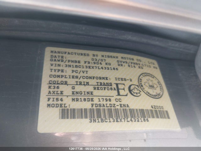 Продаж на аукціоні авто 2007 Nissan Versa 1.8sl, vin: 3N1BC13EX7L432186, номер лоту: 12617736