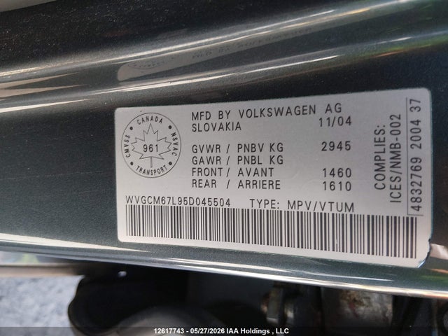 12617743 :رقم المزاد ، WVGCM67L95D045504 vin ، 2005 Volkswagen Touareg V8 مزاد بيع