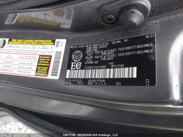Aukcja sprzedaży 2022 Toyota Sienna Le/xle/xse/limited/platinum, vin: 5TDGRKEC5NS078667, numer aukcji: 12617748