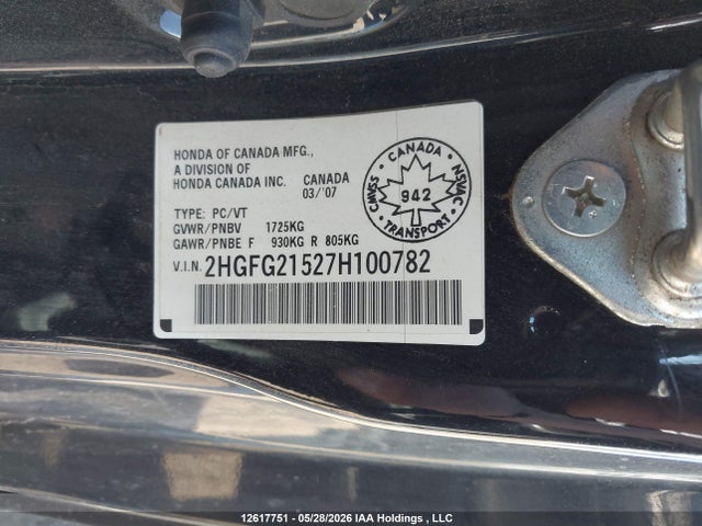 Продаж на аукціоні авто 2007 Honda Civic Si Si, vin: 2HGFG21527H100782, номер лоту: 12617751