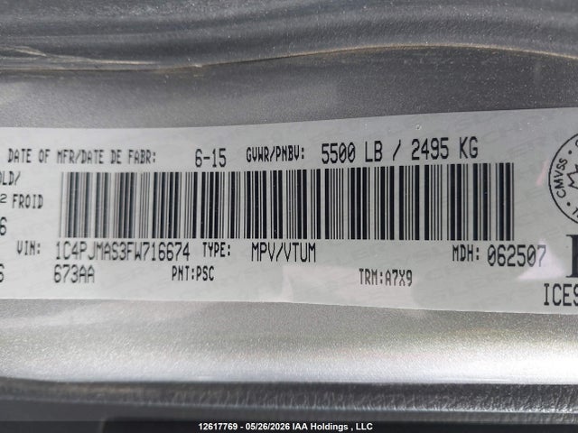 2015 Jeep Cherokee Sport მანქანა იყიდება აუქციონზე, vin: 1C4PJMAS3FW716674, აუქციონის ნომერი: 12617769