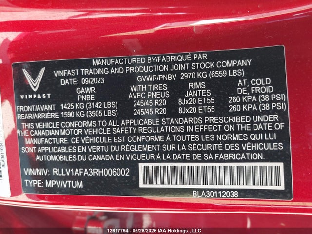Auction sale of the 2024 Vinfast Vf 8 Plus, vin: RLLV1AFA3RH006002, lot number: 12617794