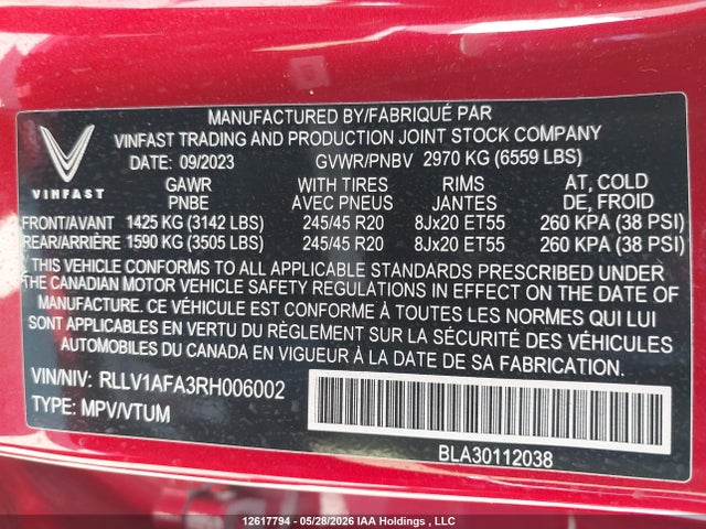 Auction sale of the 2024 Vinfast Vf 8 Plus, vin: RLLV1AFA3RH006002, lot number: 12617794
