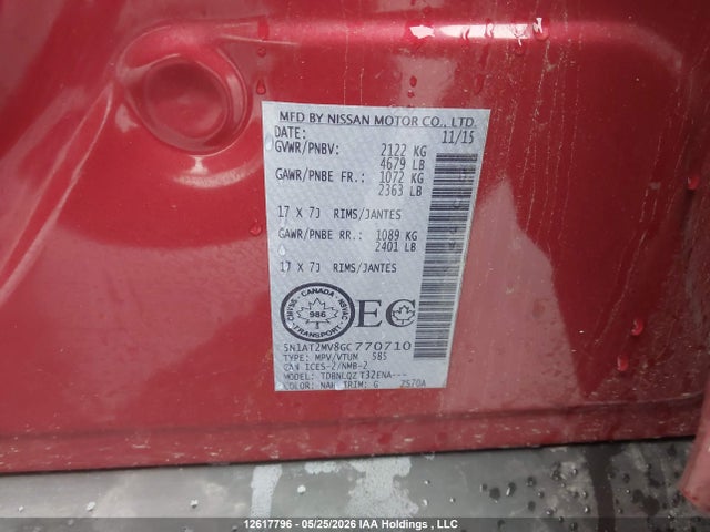 5N1AT2MV8GC770710 Nissan Rogue S/sl Premium/sv