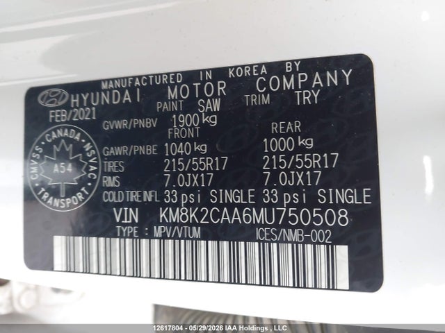 Продажа на аукционе авто 2021 Hyundai Kona Preferred Awd, vin: KM8K2CAA6MU750508, номер лота: 12617804