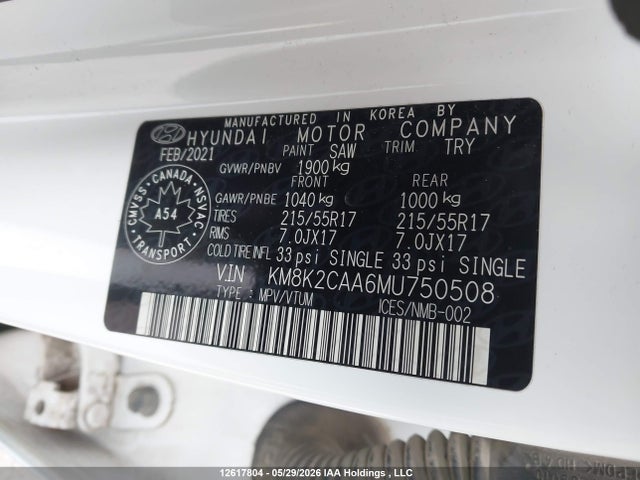Продажа на аукционе авто 2021 Hyundai Kona Preferred Awd, vin: KM8K2CAA6MU750508, номер лота: 12617804