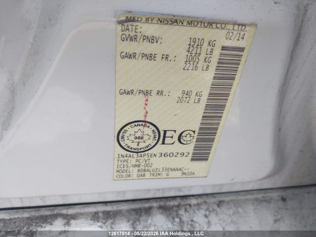 12617814 :رقم المزاد ، 1N4AL3AP5EN360292 vin ، 2014 Nissan Altima 2.5/2.5 S/2.5 Sl/2.5 Sv مزاد بيع