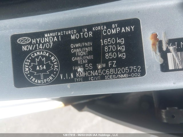 12617818 :رقم المزاد ، KMHCN45C68U205752 vin ، 2008 Hyundai Accent Gls مزاد بيع