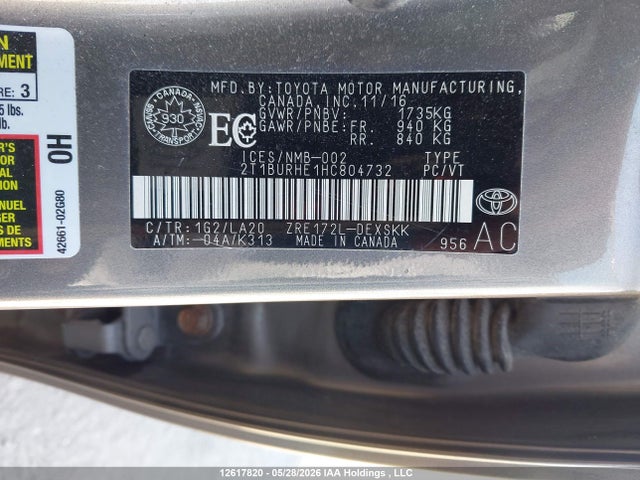 Aukcja sprzedaży 2017 Toyota Corolla Se, vin: 2T1BURHE1HC804732, numer aukcji: 12617820