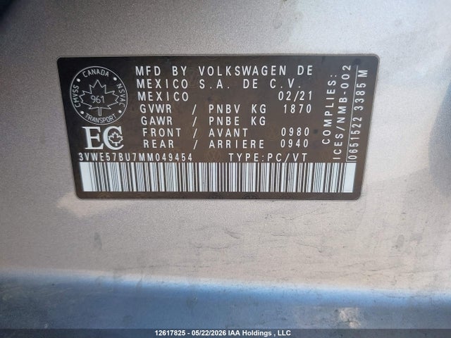 2021 Volkswagen Jetta Highline მანქანა იყიდება აუქციონზე, vin: 3VWE57BU7MM049454, აუქციონის ნომერი: 12617825