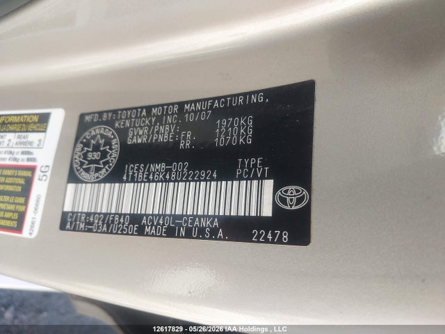 Продаж на аукціоні авто 2008 Toyota Camry Le, vin: 4T1BE46K48U222924, номер лоту: 12617829