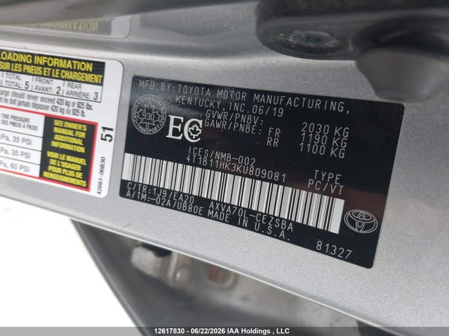 Aukcja sprzedaży 2019 Toyota Camry Se, vin: 4T1B11HK3KU809081, numer aukcji: 12617830
