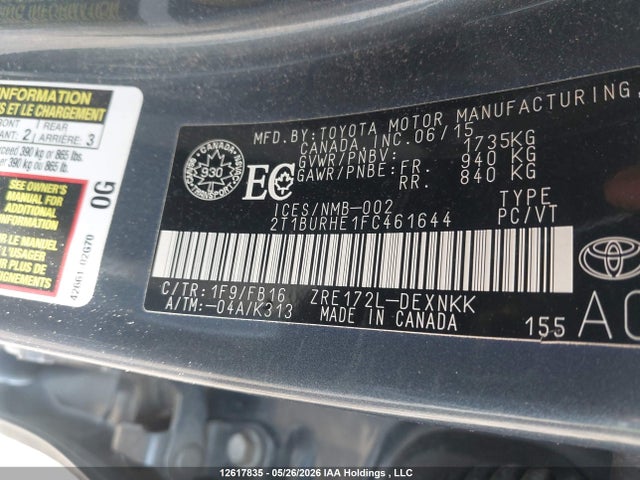 Продажа на аукционе авто 2015 Toyota Corolla L/le/le Pls/prm/s/s Pls, vin: 2T1BURHE1FC461644, номер лота: 12617835
