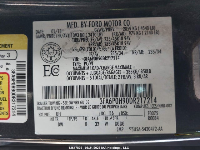 12617836 :رقم المزاد ، 3FA6P0H90DR217214 vin ، 2013 Ford Fusion Se مزاد بيع