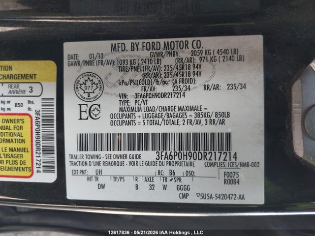12617836 :رقم المزاد ، 3FA6P0H90DR217214 vin ، 2013 Ford Fusion Se مزاد بيع