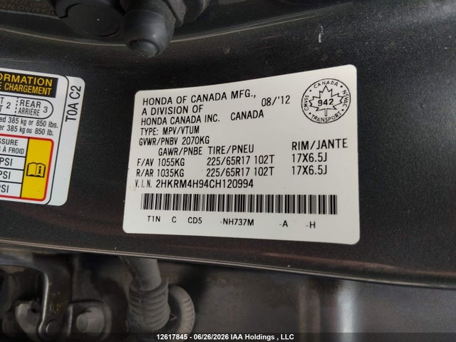 Продаж на аукціоні авто 2012 Honda Cr-v Touring, vin: 2HKRM4H94CH120994, номер лоту: 12617845