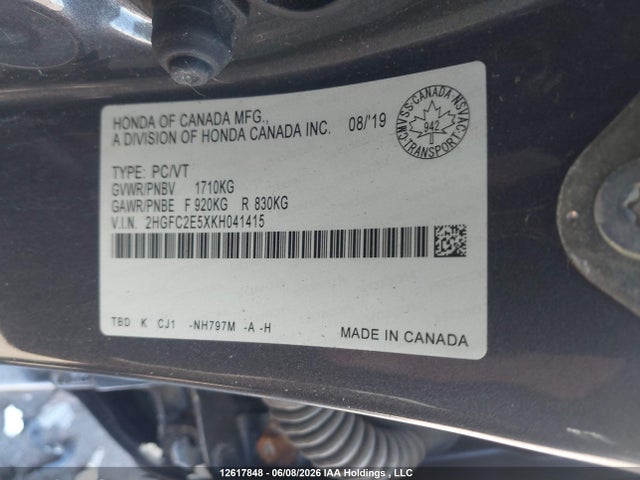 Honda Civic Lx 2019 2HGFC2E5XKH041415 Image 9