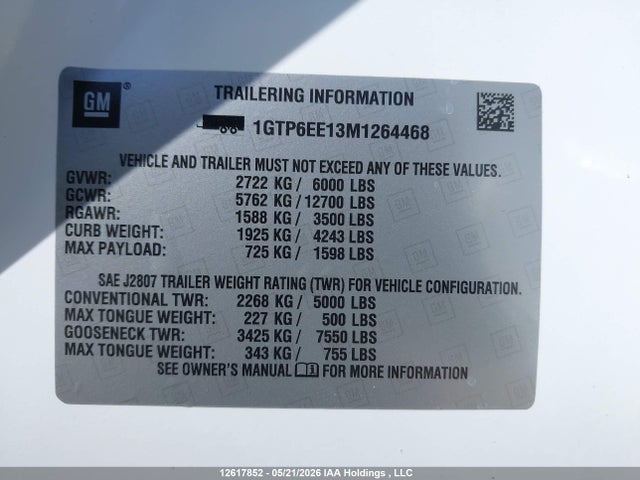 12617852 :رقم المزاد ، 1GTP6EE13M1264468 vin ، 2021 Gmc Canyon Denali مزاد بيع