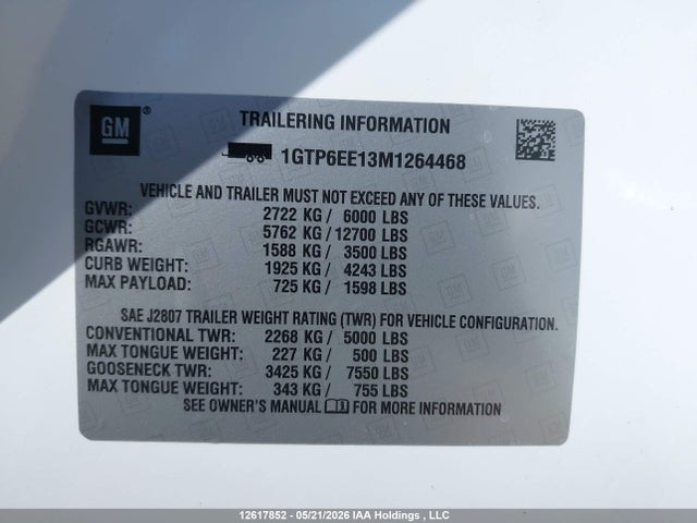 12617852 :رقم المزاد ، 1GTP6EE13M1264468 vin ، 2021 Gmc Canyon Denali مزاد بيع