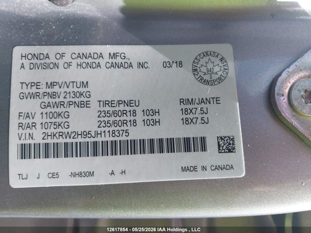 2HKRW2H95JH118375 Honda Cr-v Touring