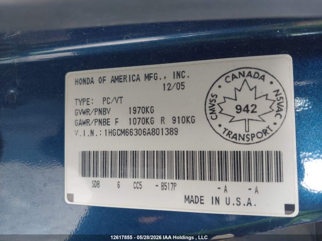 Продаж на аукціоні авто 2006 Honda Accord Lx, vin: 1HGCM66306A801389, номер лоту: 12617855