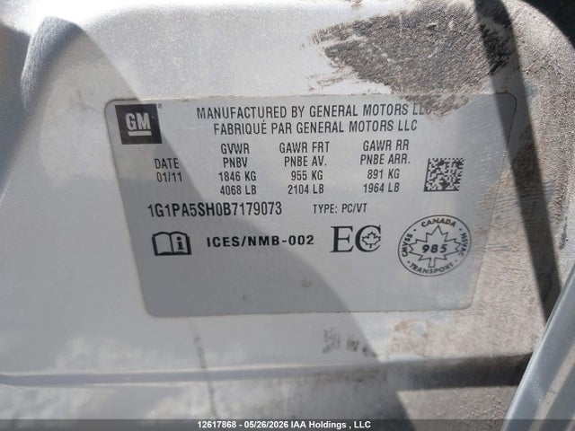 12617868 :رقم المزاد ، 1G1PA5SH0B7179073 vin ، 2011 Chevrolet Cruze Ls مزاد بيع