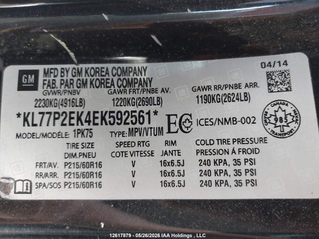Продаж на аукціоні авто 2014 Chevrolet Orlando, vin: KL77P2EK4EK592561, номер лоту: 12617879