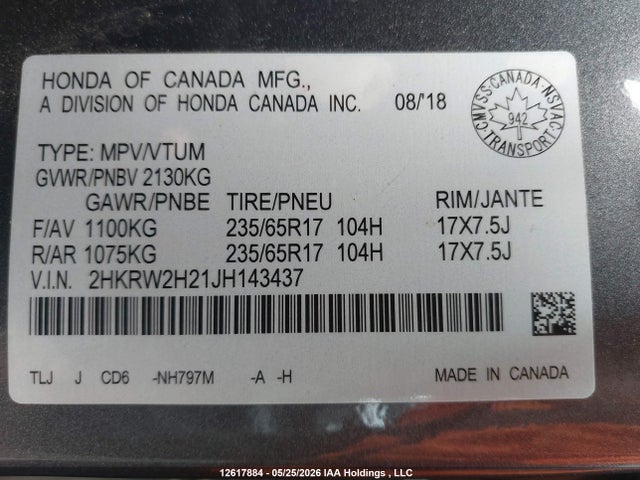 Продаж на аукціоні авто 2018 Honda Cr-v, vin: 2HKRW2H21JH143437, номер лоту: 12617884