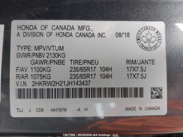 Продаж на аукціоні авто 2018 Honda Cr-v, vin: 2HKRW2H21JH143437, номер лоту: 12617884