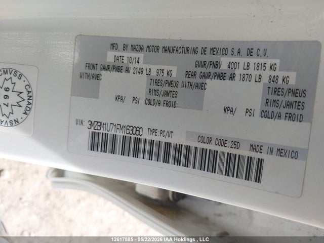 Aukcja sprzedaży 2015 Mazda Mazda3 Gx, vin: 3MZBM1U71FM163060, numer aukcji: 12617885