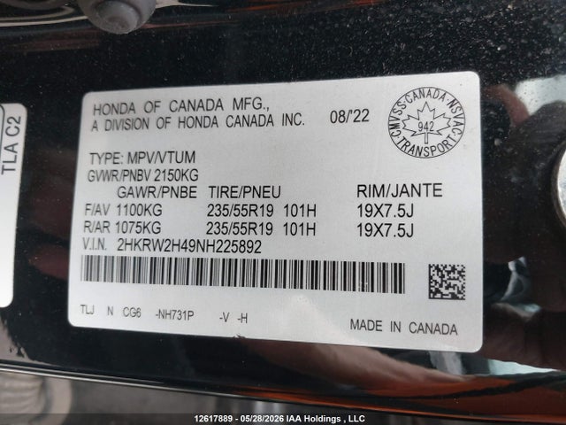 2022 Honda Cr-v Sport მანქანა იყიდება აუქციონზე, vin: 2HKRW2H49NH225892, აუქციონის ნომერი: 12617889