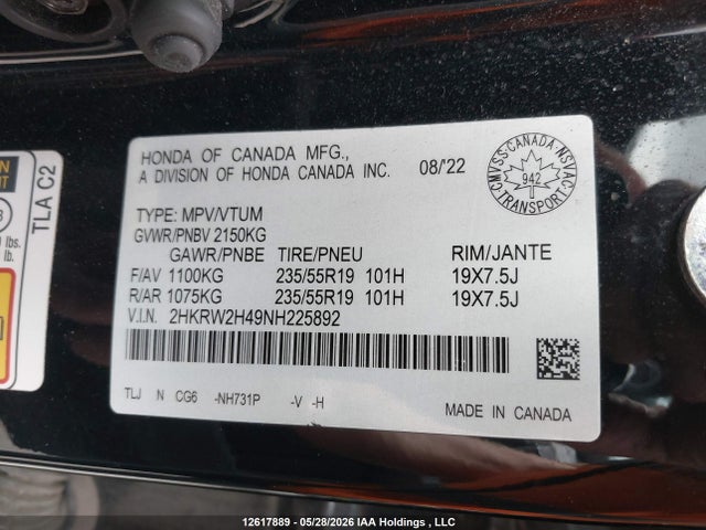2022 Honda Cr-v Sport მანქანა იყიდება აუქციონზე, vin: 2HKRW2H49NH225892, აუქციონის ნომერი: 12617889