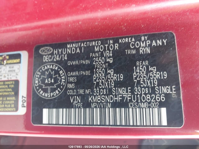 Продажа на аукционе авто 2015 Hyundai Santa Fe, vin: KM8SNDHF7FU108266, номер лота: 12617893