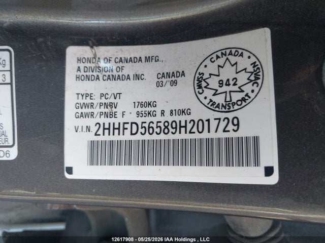 12617908 :رقم المزاد ، 2HHFD56589H201729 vin ، 2009 Acura Csx مزاد بيع