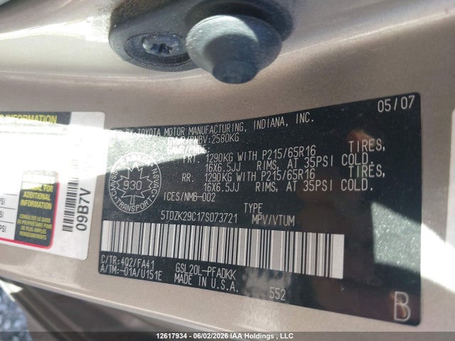 Auction sale of the 2007 Toyota Sienna Ce, vin: 5TDZK29C17S073721, lot number: 12617934