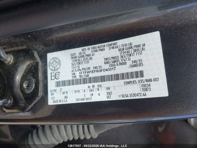 Продаж на аукціоні авто 2016 Ford F150 Supercrew, vin: 1FTFW1EF6GFD43317, номер лоту: 12617937