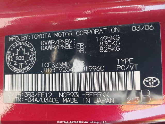 12617944 :رقم المزاد ، JTDBT923471019960 vin ، 2007 Toyota Yaris مزاد بيع