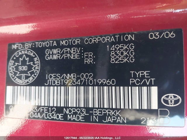 12617944 :رقم المزاد ، JTDBT923471019960 vin ، 2007 Toyota Yaris مزاد بيع