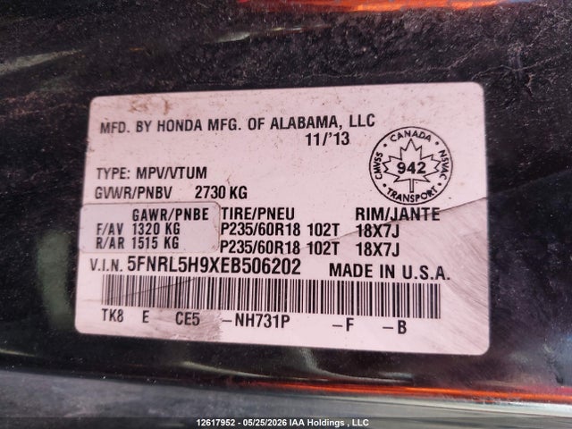 Продаж на аукціоні авто 2014 Honda Odyssey Touring/touring Elite, vin: 5FNRL5H9XEB506202, номер лоту: 12617952
