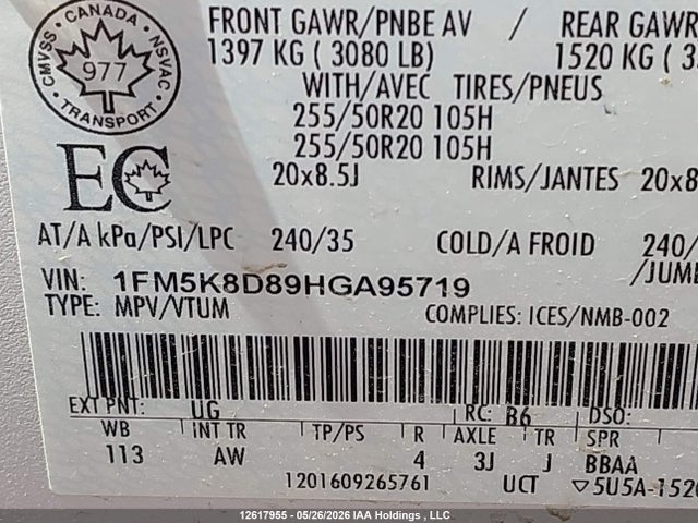 1FM5K8D89HGA95719 Ford EXPLORER XLT